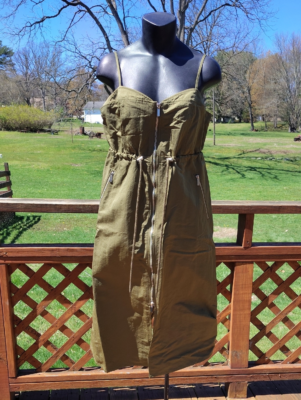 Future Collective Olive Green Zip Front Nylon Smocked Dress Size Medium New